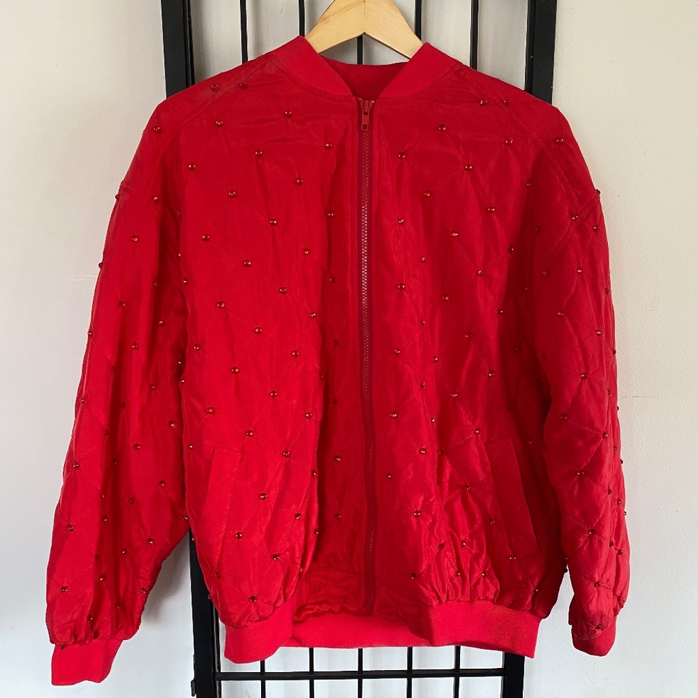 August Max Red Silk, Acetate and Polyester w/Beads Zipper Jacket 18X